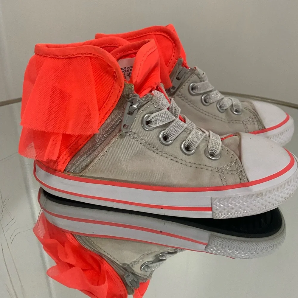 Converse Girls Size 8 Gray Sneakers with Neon Orange Tulle Kids New